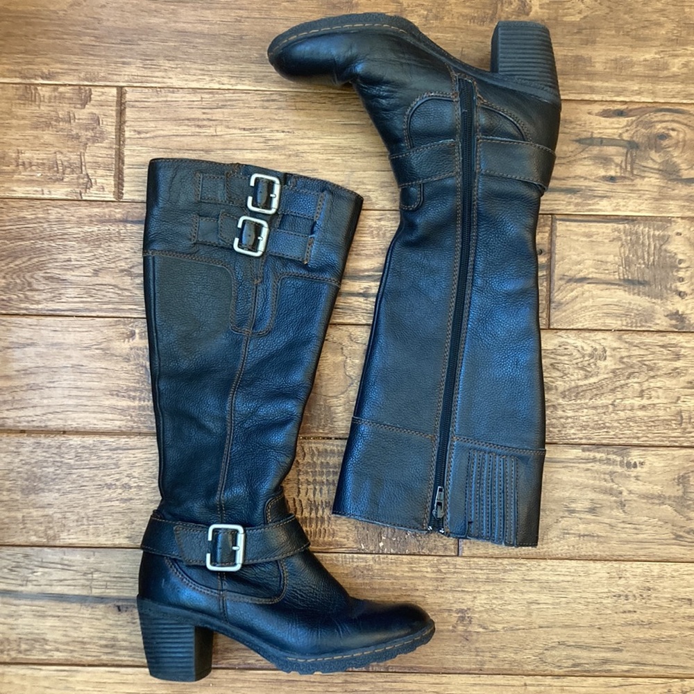 BOC Born Black Leather Tall Heeled Boots Buckle Detail Size 7